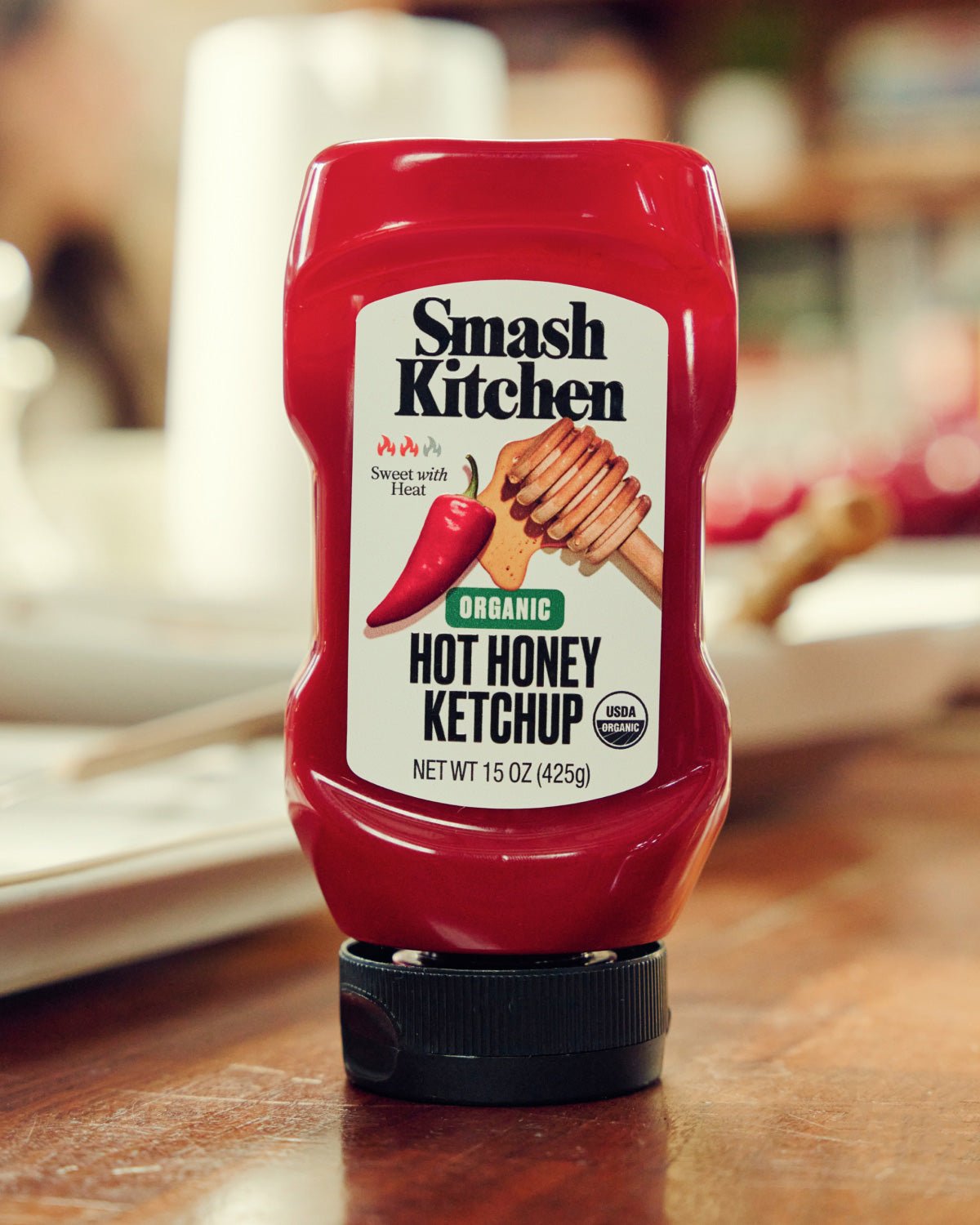 Smash Kitchen Hot Honey Ketchup on a counter