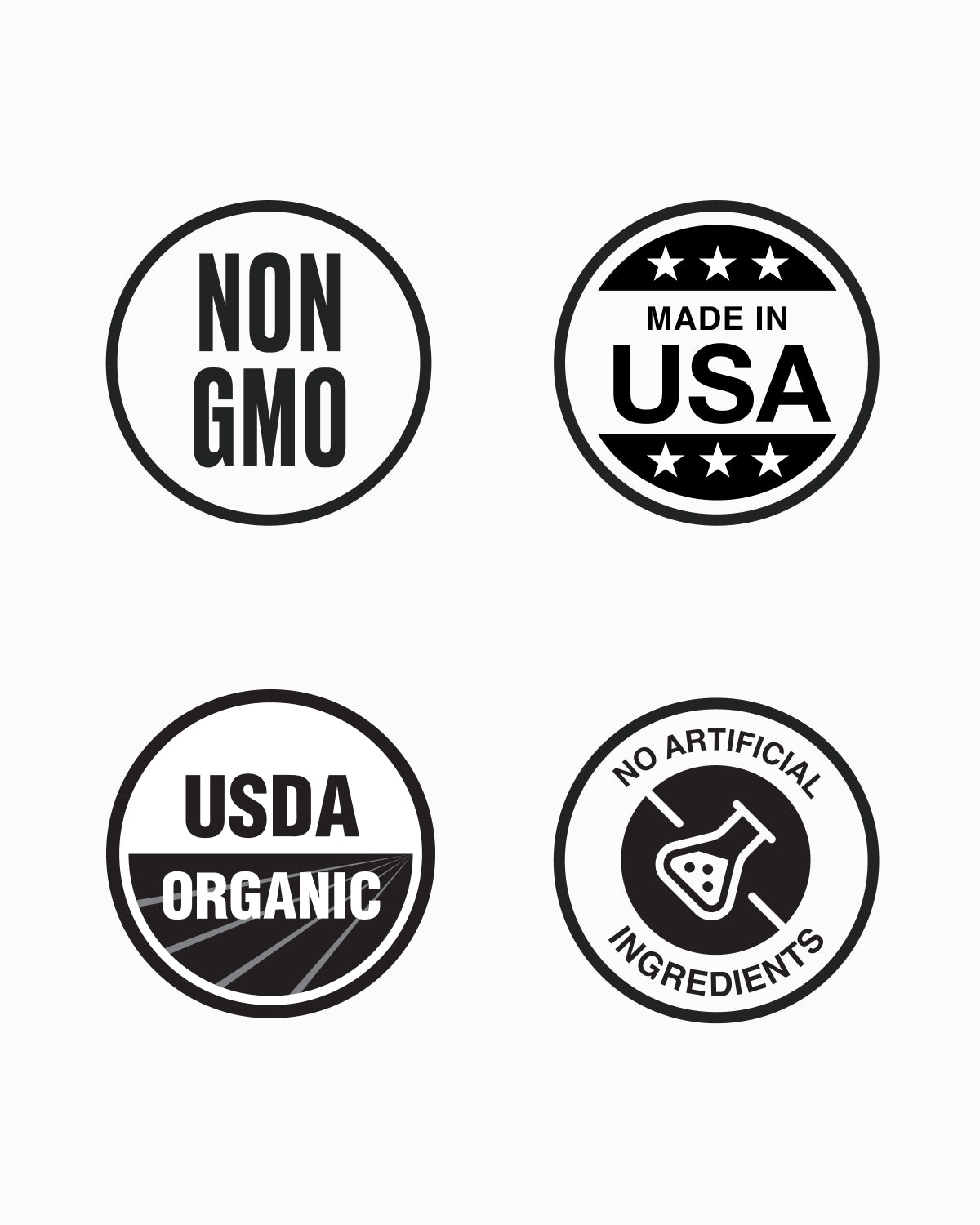 Icons for Non-GMO, Made in USA, USDA Organic, and No Artificial Ingredients.